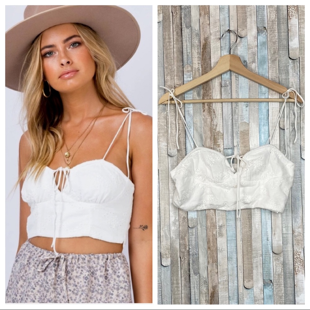 Princess Polly 8 Ivory White Embroidered Eyelet Tie Reef Crop Top Boho Bustier